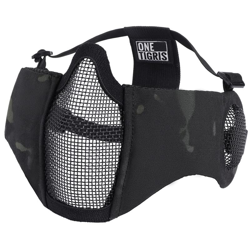 Onetigris 6'' Foldable Half Face Mesh Mask With Ear Protection, Tactical Lower Face Protective Mask (Camo Black)