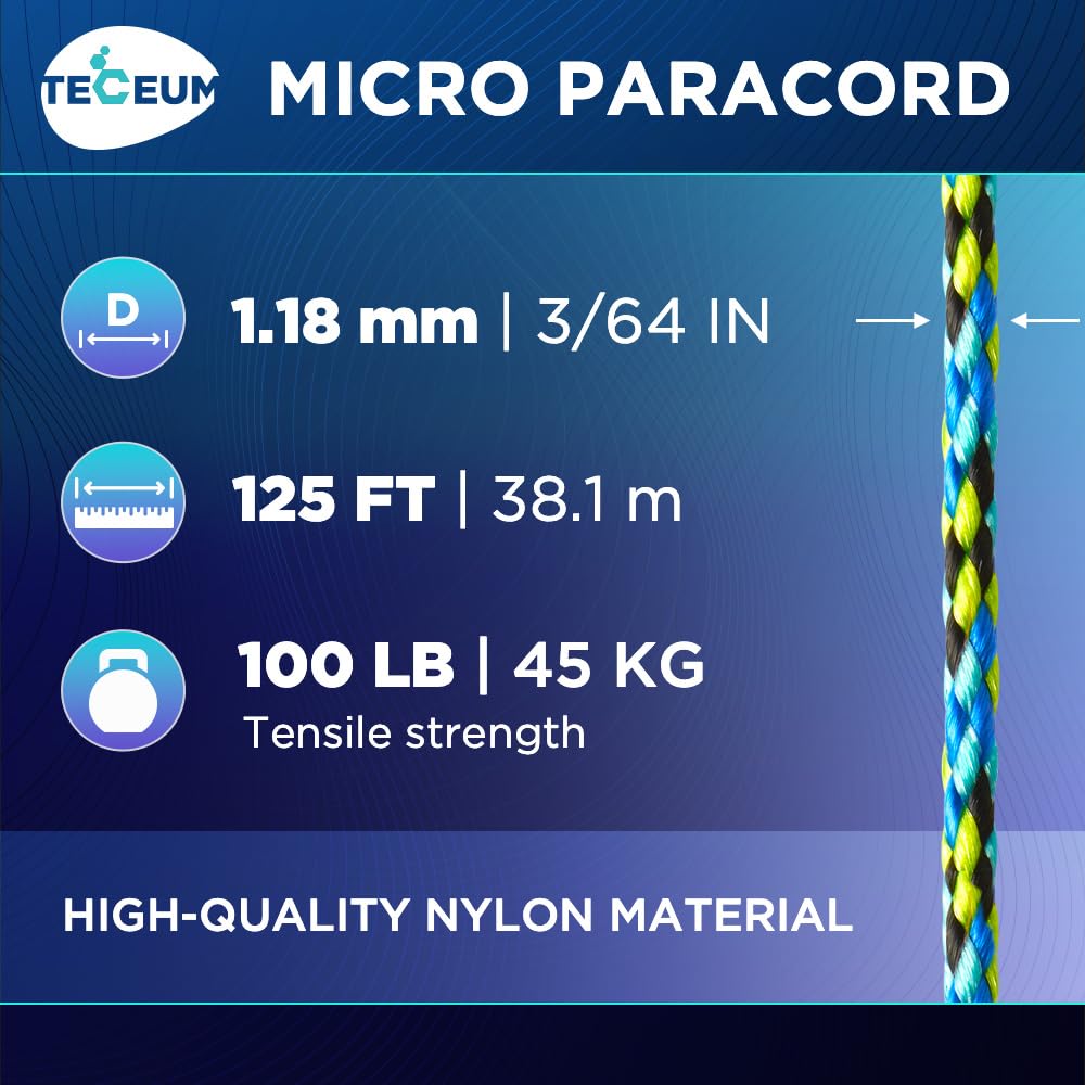 Teceum Micro Paracord - Aquatica - 1.18 Mm X 125 Ft - Micro Utility Cord - Thin Braided Paracord Rope Nylon Polyester - Wind Chi