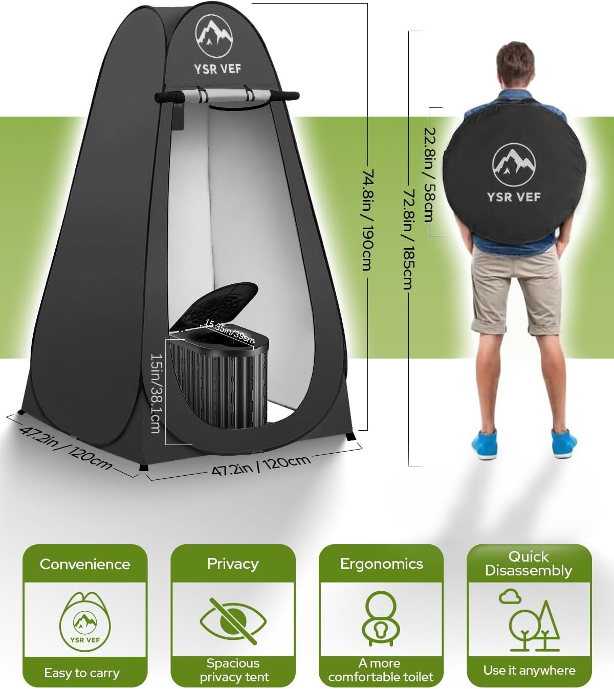Camping Toilet With Pop-Up Privacy Tent And Liquid Waste Gel, Portable Toilet With Large Tent And Camping Lantern, Ergonomic Pot