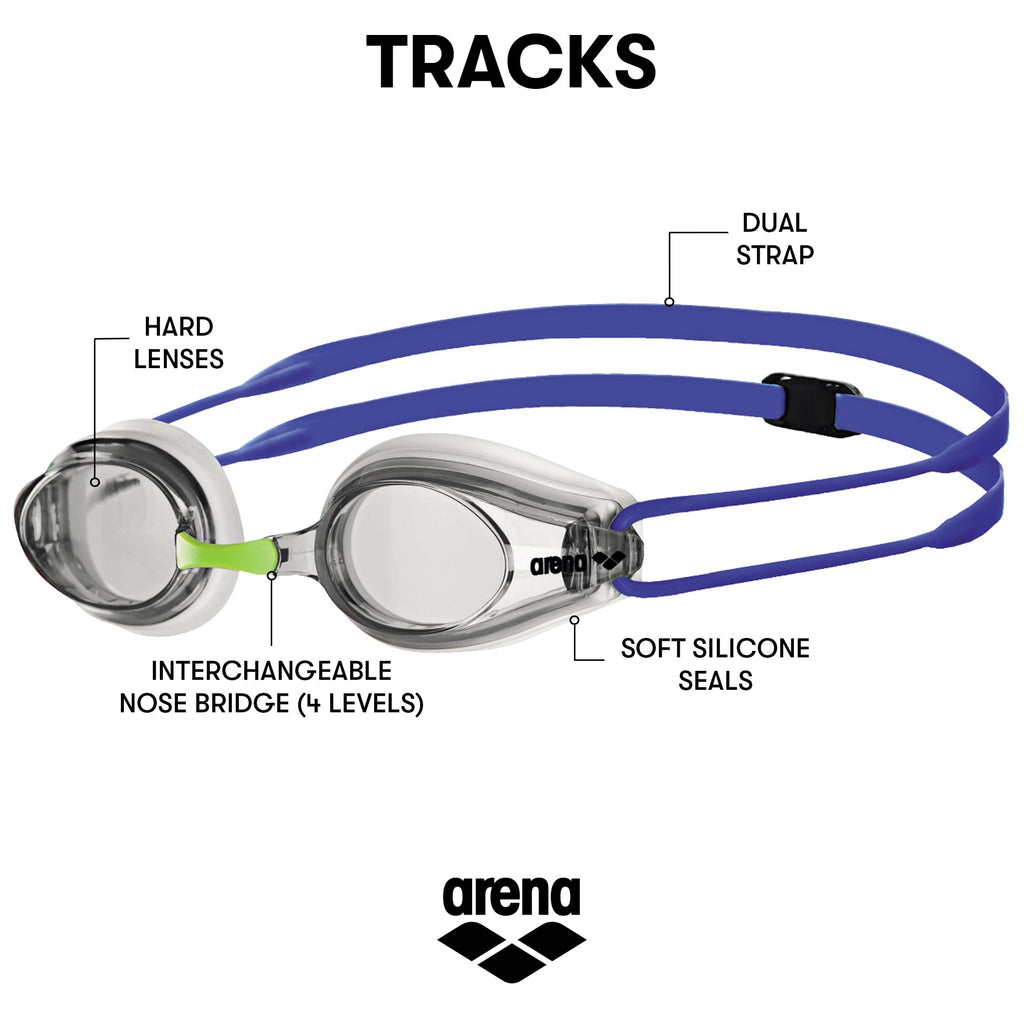 Arena Tracks Swim Goggles, White  Clear  Blue, Non-Mirror Lens