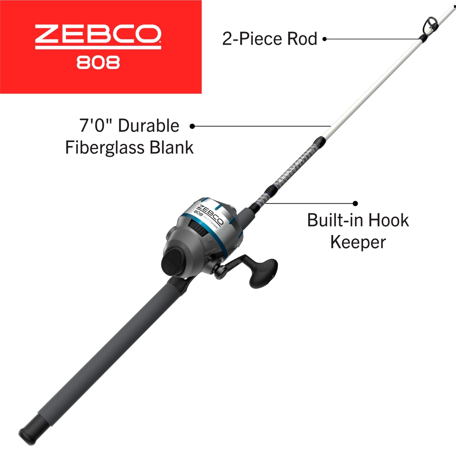 Zebco 808 Saltwater Spincast Reel And Fishing Rod Combo, 7-Foot 2-Piece Fishing Pole, Size 80 Reel, Changeable Right- Or Left-Ha