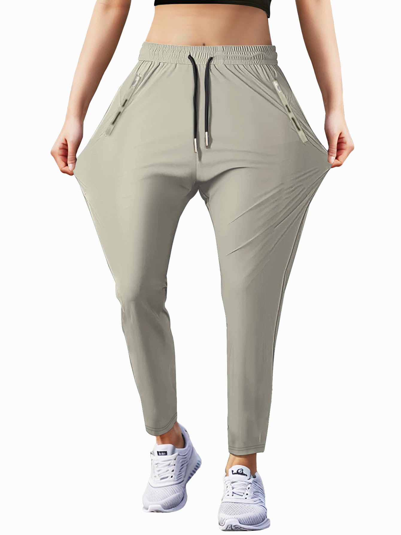 Hidkat Womens Sports Jogging Pants with Zipper Pocket Womens Hiking Fitness Tracking Workout Pants Khaki