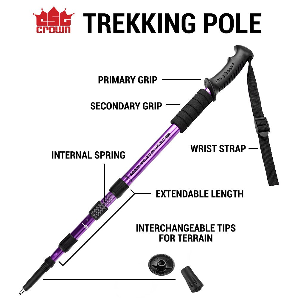 Crown Sporting Goods Shock-Resistant Adjustable Trekking Pole And Hiking Staff (Set Of 2), Purple, 43-Inch