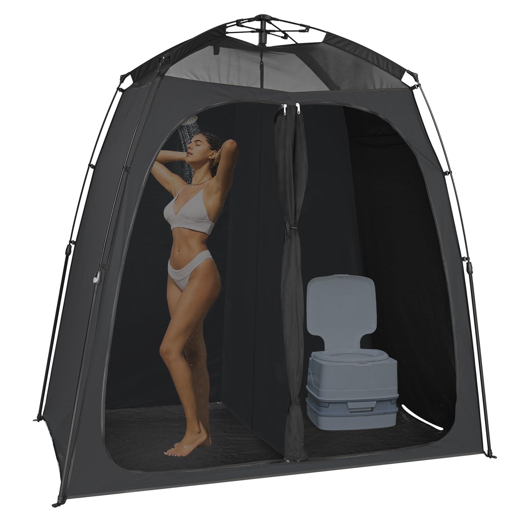 EighteenTek Upgraded Pop-Up Shower Tent, Black, 2-Room Privacy Shelter with Floor & Dual Doors, Portable Camping Toilet & Changi