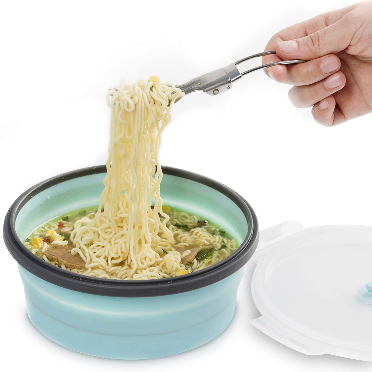 Colorcoral Camping Bowl With Lid Collapsible Silicone Bowl And Foldable Stainless Steel Fork For Travel And Camping Microvave An