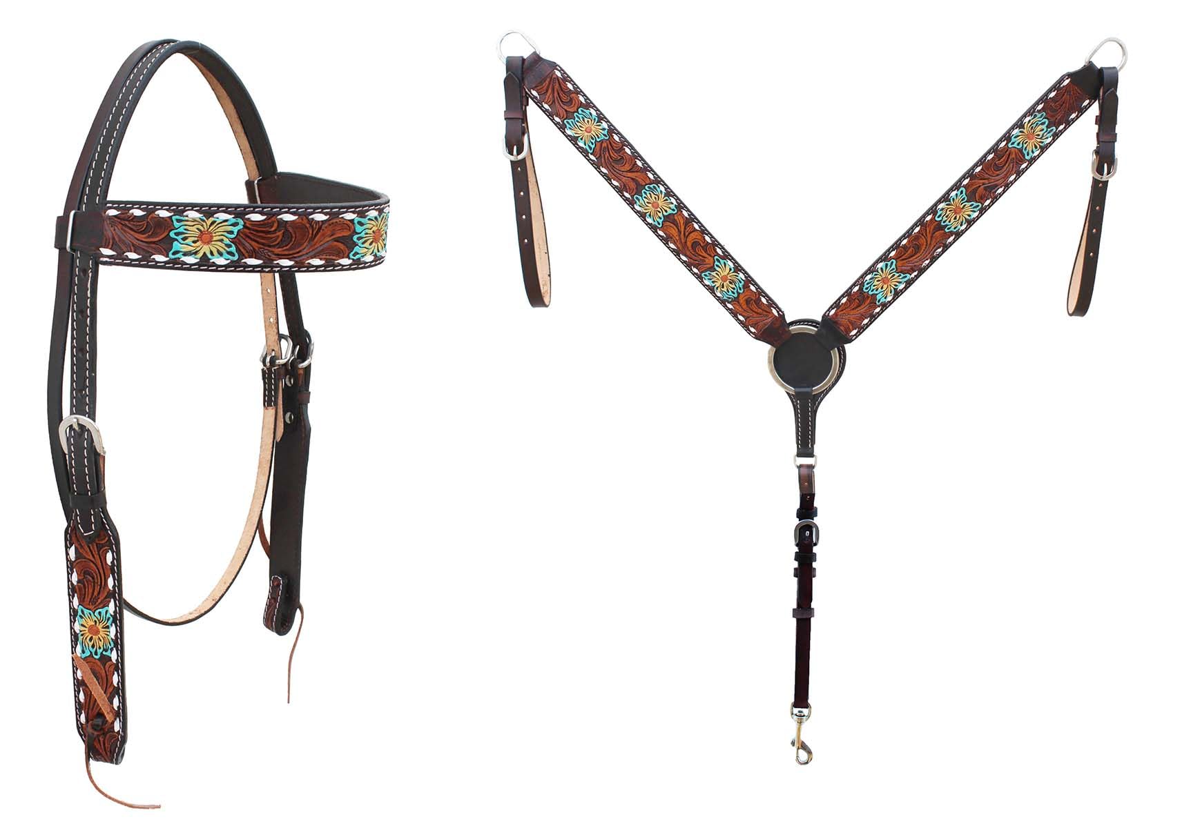 Challenger Horse Western Floral Tooled Laced Browband Tack Set Bridle Headstall Breast Collar 78Hr05B