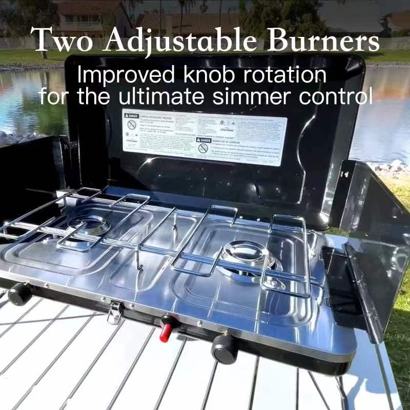 Fineflame Camping Stove, 2 Burners Portable Propane Camp Stove With Regulator, Integrated Igniter & Stainless Steel Drip Tray &