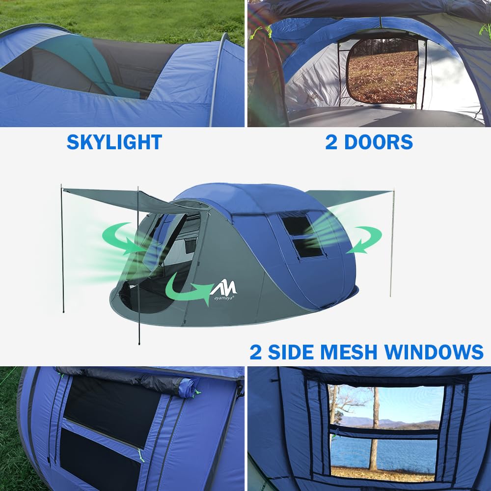 4 Person Pop Up Tents For Camping - Ayamaya Waterproof Instant Family Tents With Skylight & Removable Rainfly, Upgraded Large Si
