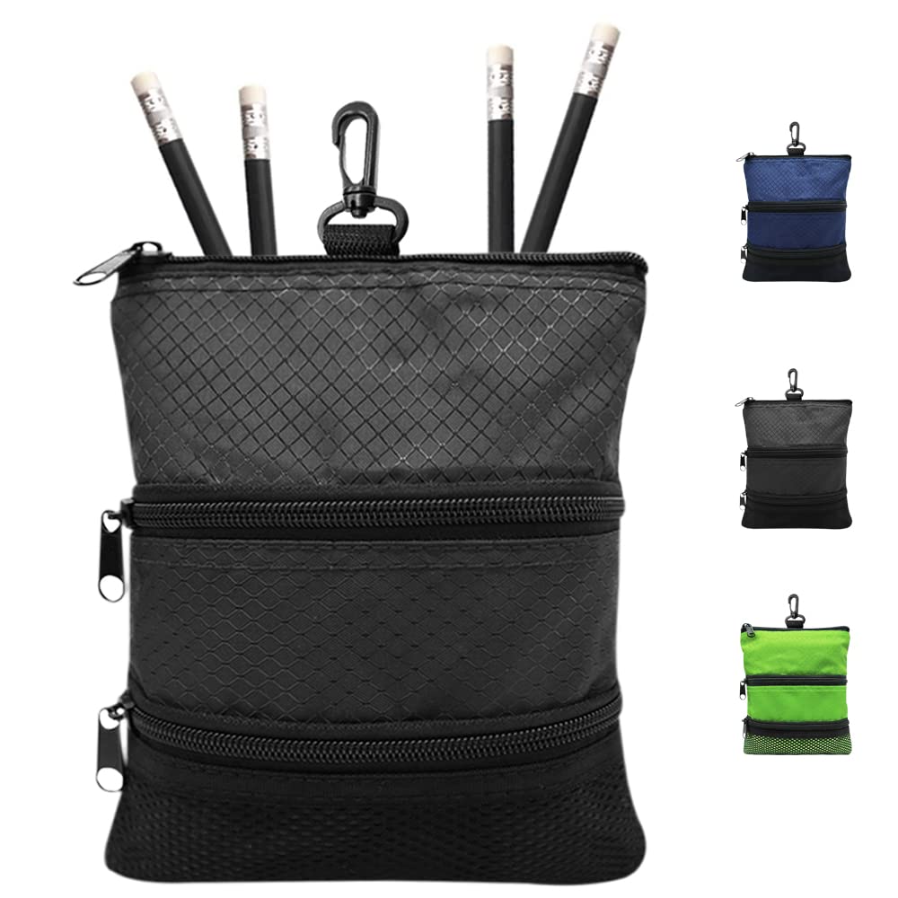 Finger Ten Golf Pouch Bag For Valuables Tee Color With 4 Golf Pencil Pack, Zippered Pocket Gear Clip Hook To Bag (Black Pouch Ba