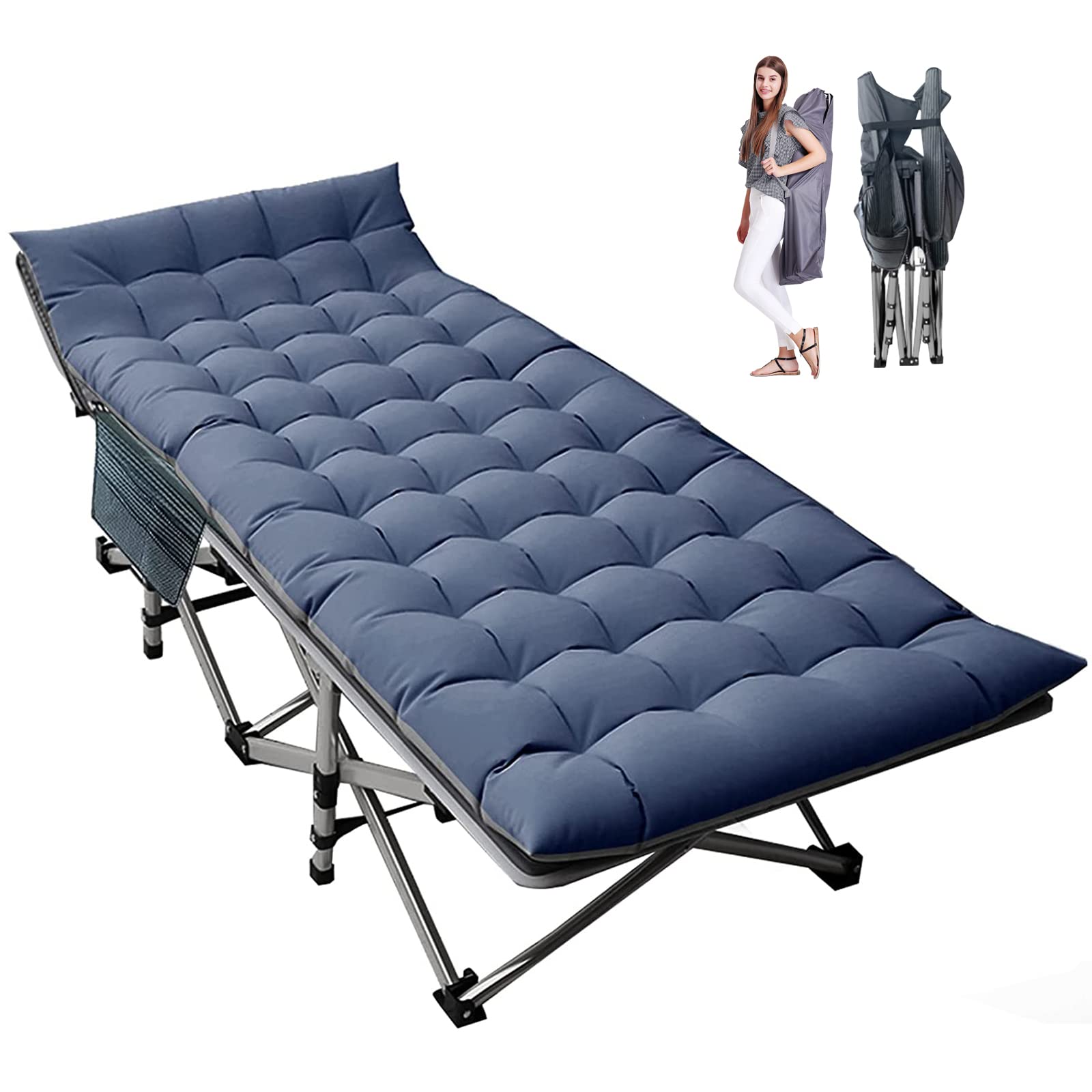 Lilypelle Folding Camping Cot Xl, Heavy Duty Sleeping Cots With Carry Bag, Double Layer Oxford Portable Travel Camp Cots For Hom