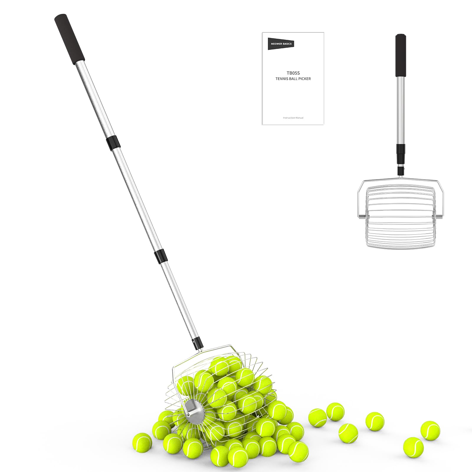 NEEWER Basics Tennis Ball Hopper Picker Upper, No Bending Over Quick Rolling Cylinder Collector Pickleball Holder, 30.3-56.6/80-