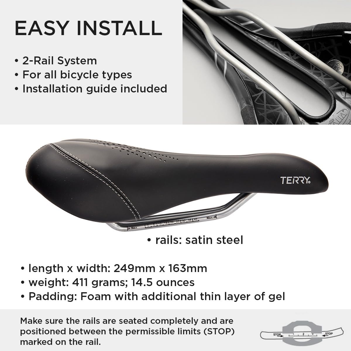 Terry Liberator X Gel Bike Seat For Women - Comfortable Touring Bicycle Seat Cushion, Wider Contoured Rear & Large Cutaway, Dura