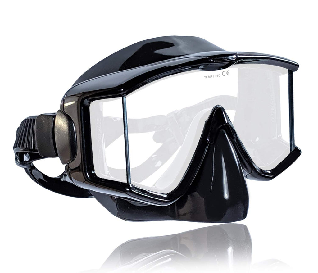 Tilos Single Lens Panoramic Large Wide View Mask For Scuba Diving & Snorkeling (Nose Purge, Black Silicone)
