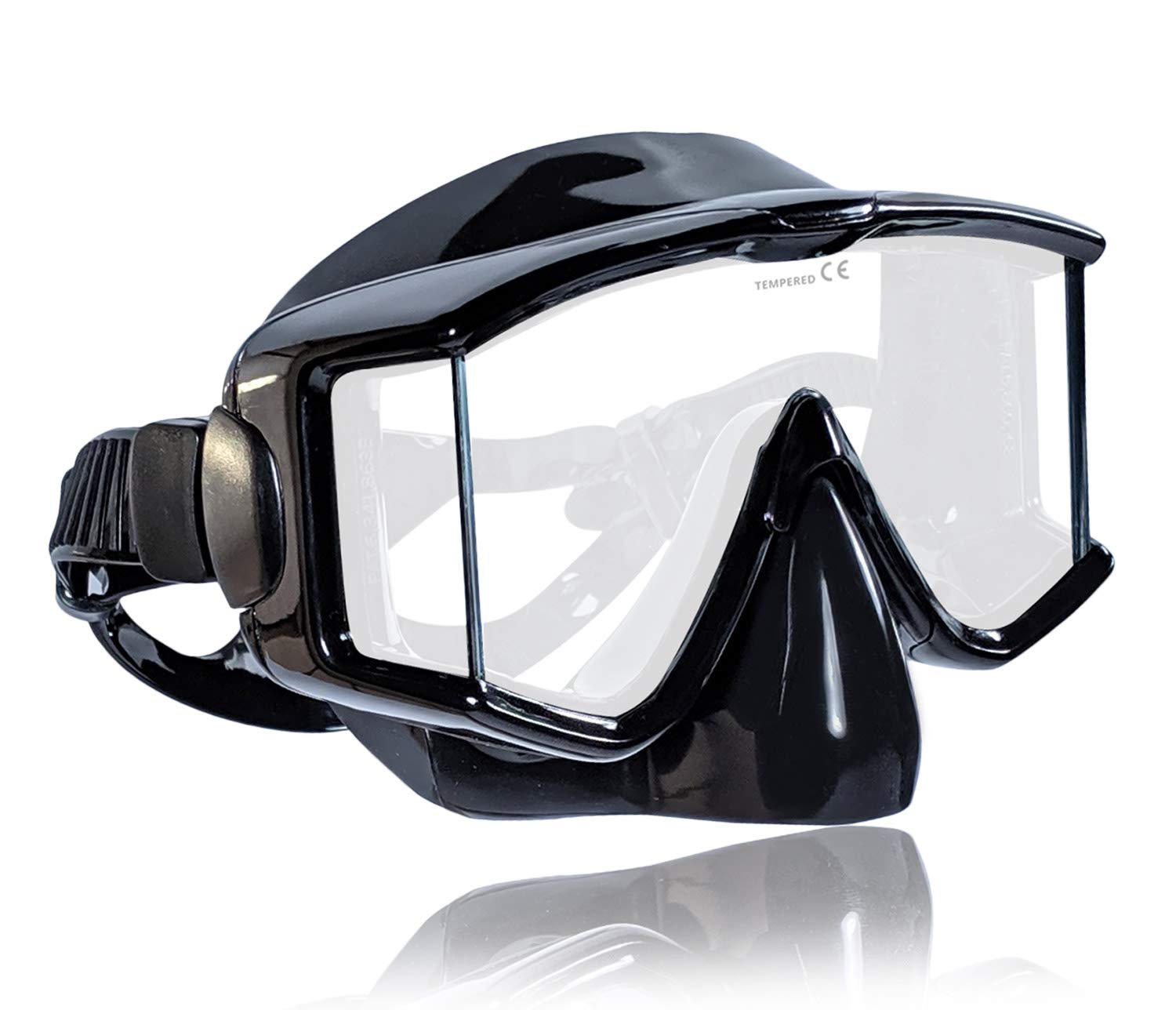Tilos Single Lens Panoramic Large Wide View Mask For Scuba Diving & Snorkeling (Nose Purge, Black Silicone)