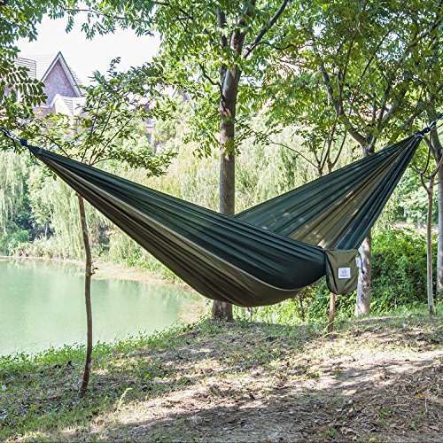 Outereq Portable Parachute Camping Hammocks Lightweight Nylon Fabric Travel Hammock (Army/Olive, 295Cm X 198Cm/Double)