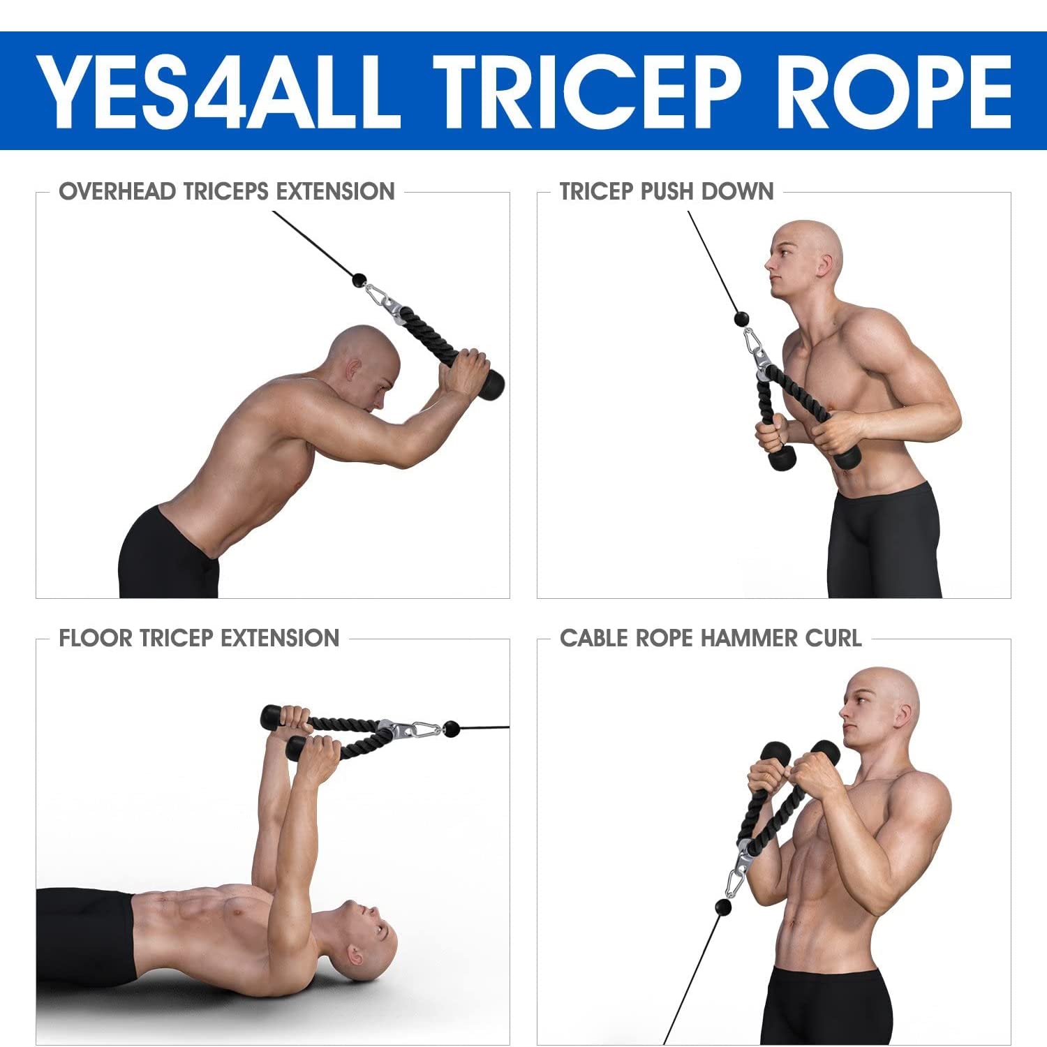 Yes4All Deluxe Red Black Tricep Rope 27 Inches Black Cable Attachment, Pulley System Gym Pull Down Rope With Carabiner, Exercise