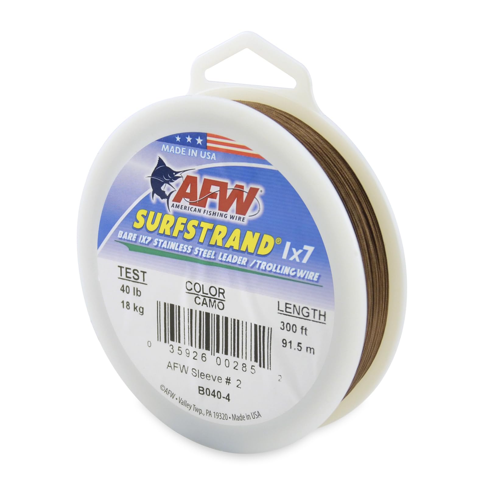 American Fishing Wire Surfstrand, Bare 1X7 Stainless Steel Leader Wire, 40 Lb Test, 0.015 Diameter, Camo, 300 Ft