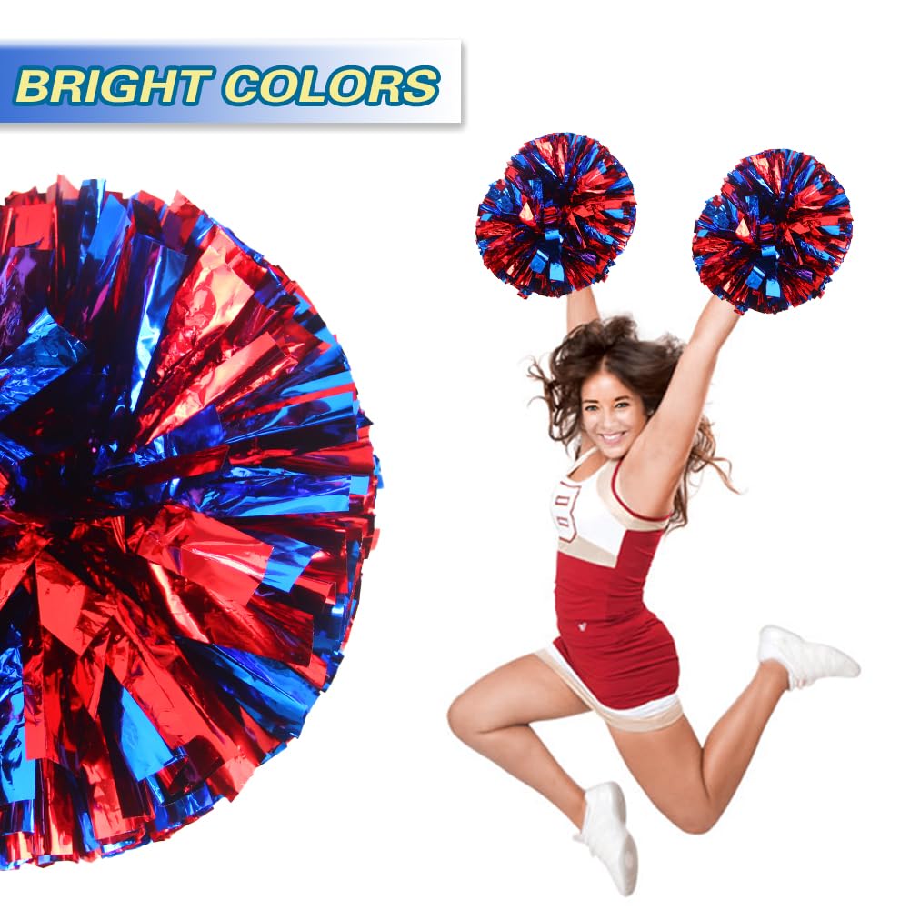 Lovecheer 2Pcs Pom Poms Cheerleading Blue And Red Metallic Cheerleader Pom Poms With Handle For Dance Party Sports Spirits