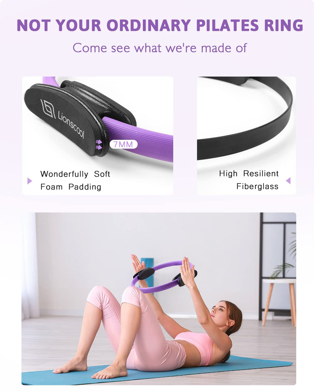 LIONSCOOL Pilates Ring Set (Purple) - 14 Pilates Ring, 9 Pilates Mini Ball and Three Fabric Resistance Bands Included