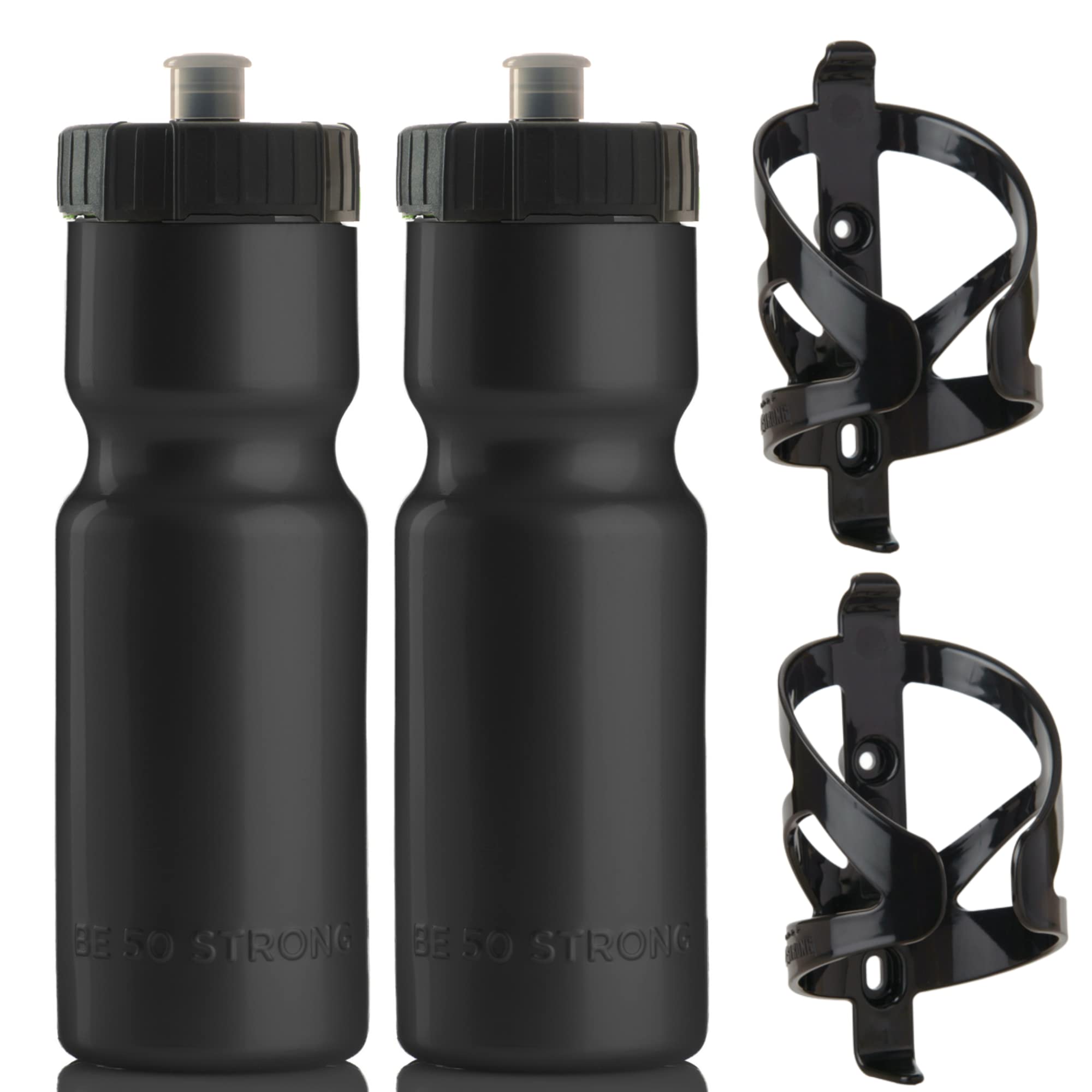 50 Strong Bike Water Bottle Holder And Bottle Combo | 2-Pack Bike Water Bottles & Water Bottle Cage | 22 Oz Sports Squeeze Water