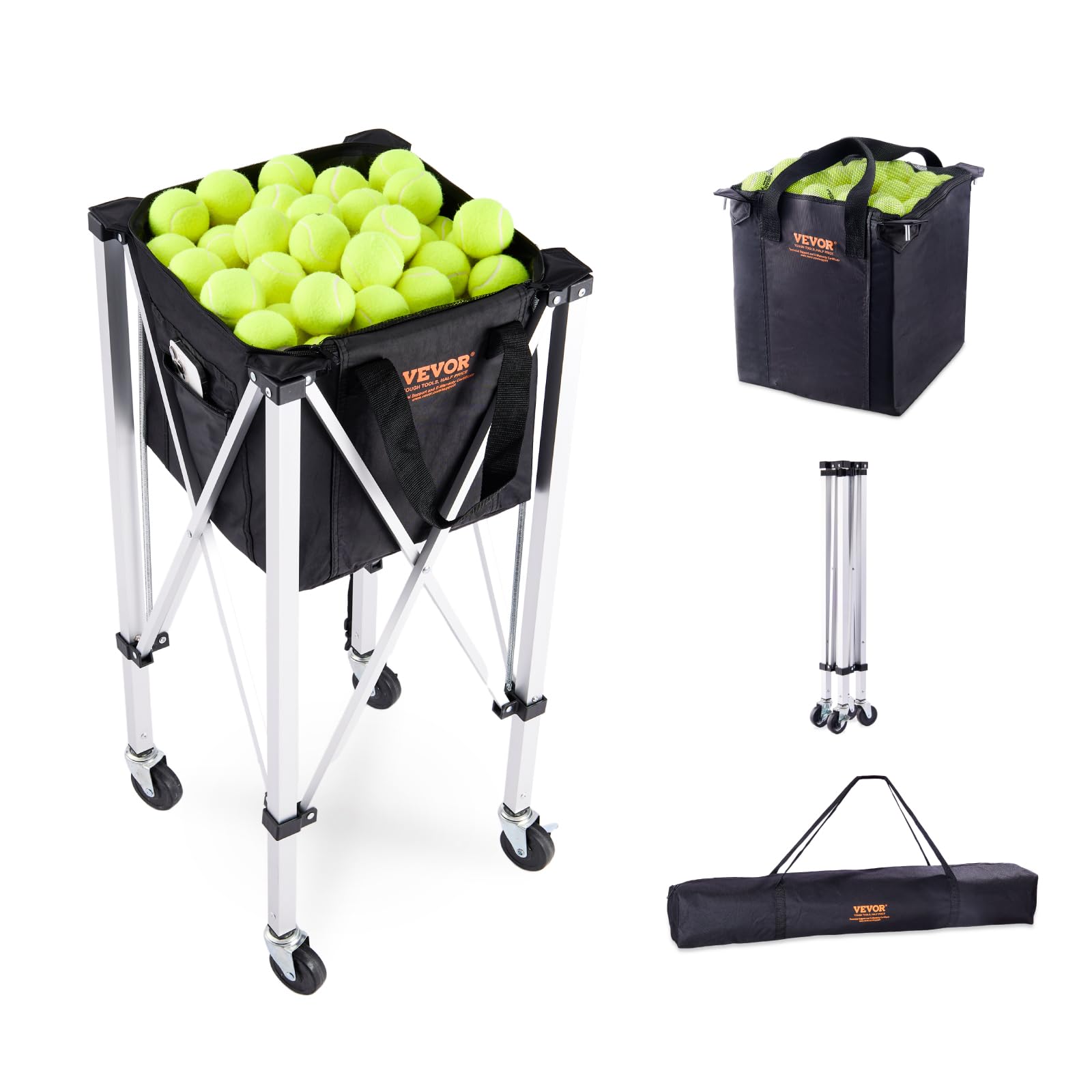 Vevor Foldable Tennis Ball Hopper, Holds 150 Tennis Balls, Lightweight Aluminum Alloy Tennis Ball Basket Cart With Wheels, Remov