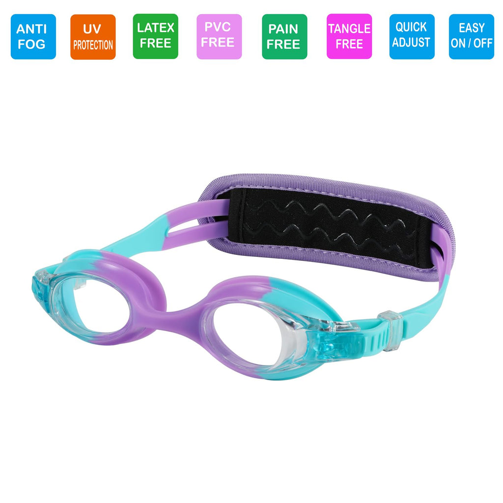 RUIGAO Kids Swim Goggles Age 2-6, Toddler Goggles No Hair Pull,UV Protection/Anti Fog/Padded HeadBand (1PK Kids - Blue Mermaid)