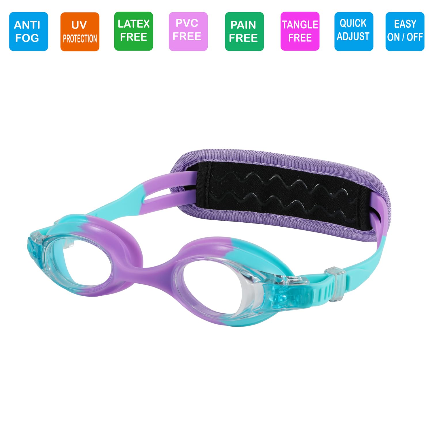 RUIGAO Kids Swim Goggles Age 2-6, Toddler Goggles No Hair Pull,UV Protection/Anti Fog/Padded HeadBand (1PK Kids - Blue Mermaid)