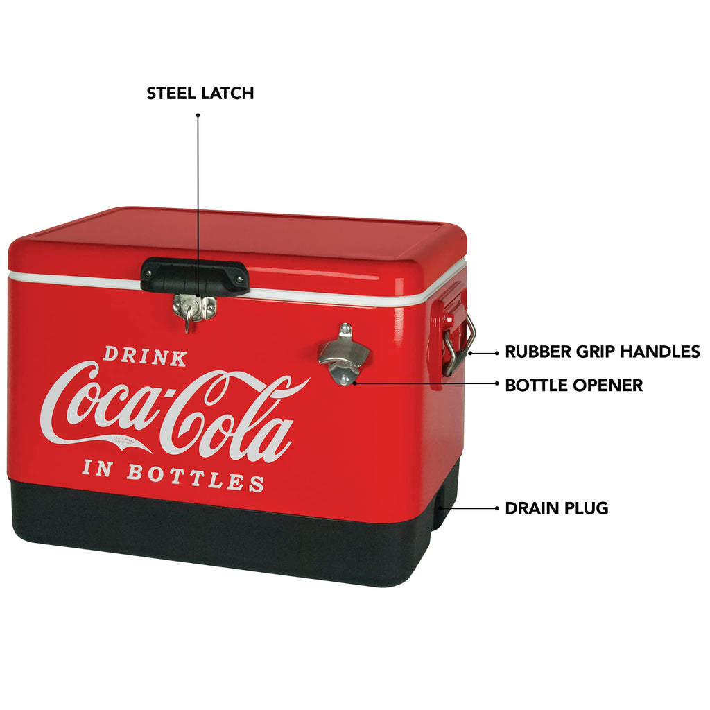 Coca-Cola Ice Chest Beverage Cooler With Bottle Opener, 51L (54 Qt), 85 Can Capacity Portable Cooler, Red And Black, For Camping