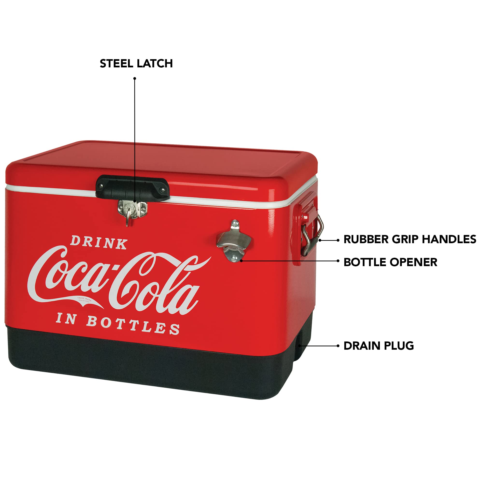 Coca-Cola Ice Chest Beverage Cooler With Bottle Opener, 51L (54 Qt), 85 Can Capacity Portable Cooler, Red And Black, For Camping