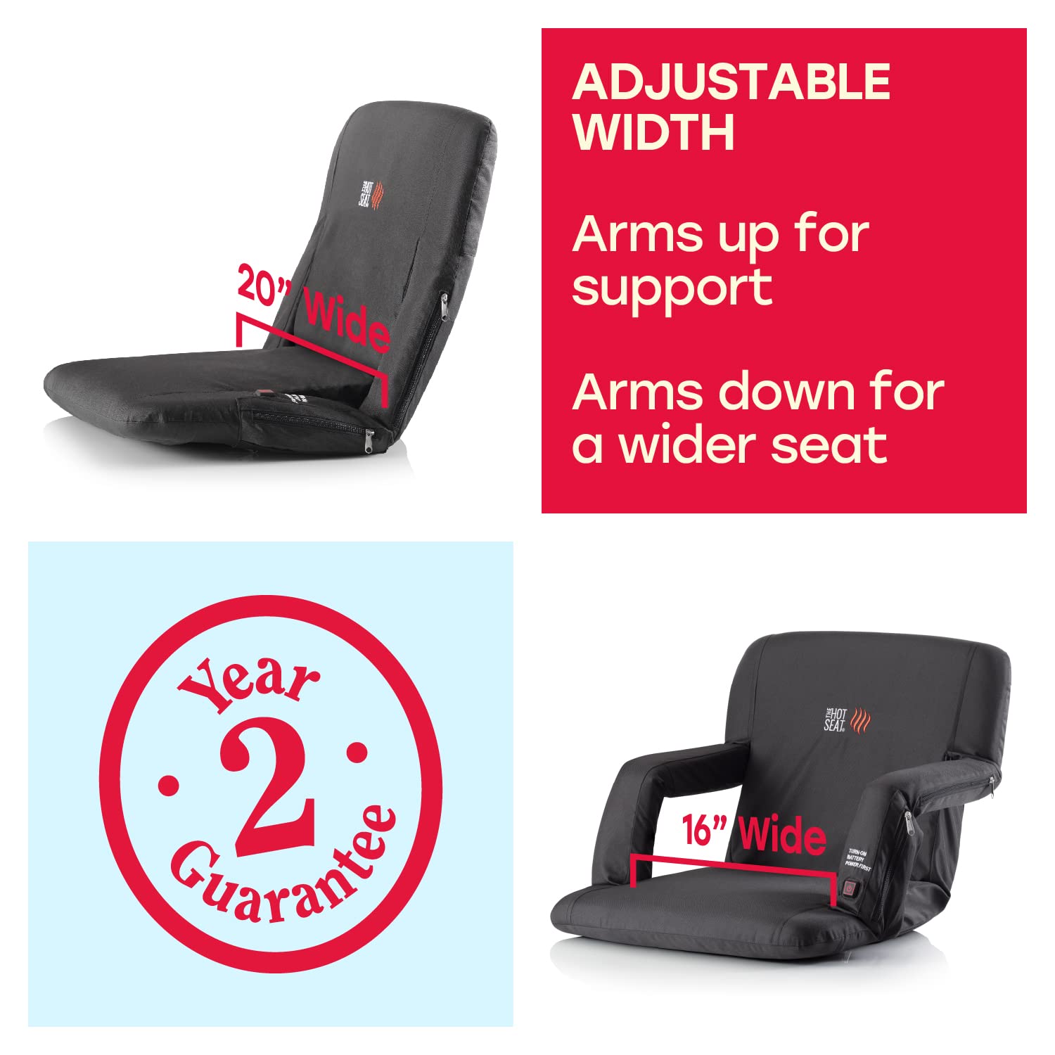 Pop The Original Hot Seat, Dual Heat Stadium Chair With Back Support, Heats Seat And Back, 3 Heat Levels, 5 Pockets, 6 Reclining