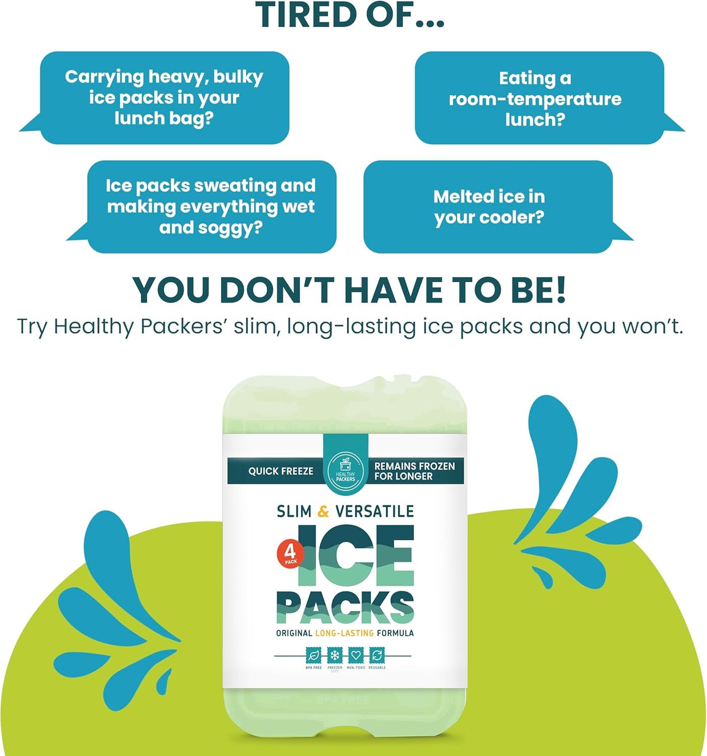 Healthy Packers Ice Pack - Freezer Packs - Original Cool Pack | Slim & Long-Lasting Ice Packs For Your Cooler Bag (4)