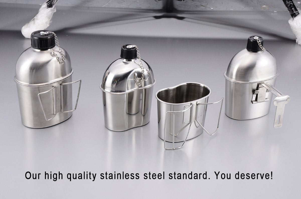 Goetland Stainless Steel Wwii Us Military Canteen Kit 1Qt With 0.5Qt Cup Nylon Cover G.I.