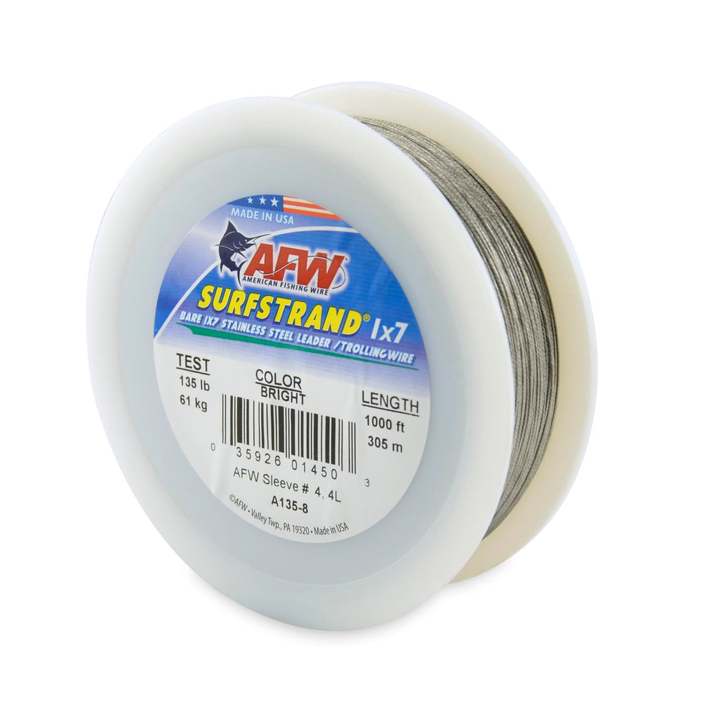 American Fishing Wire Surfstrand, Bare 1X7 Stainless Steel Leader Wire, 135 Lb Test, 0.027 Diameter, Bright, 1000 Ft