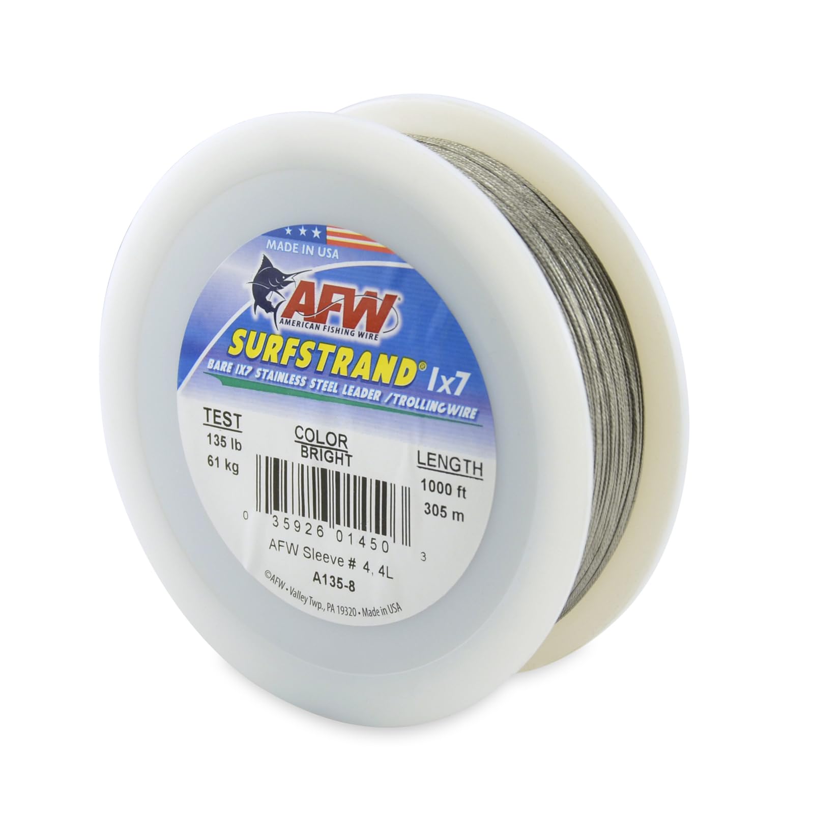 American Fishing Wire Surfstrand, Bare 1X7 Stainless Steel Leader Wire, 135 Lb Test, 0.027 Diameter, Bright, 1000 Ft