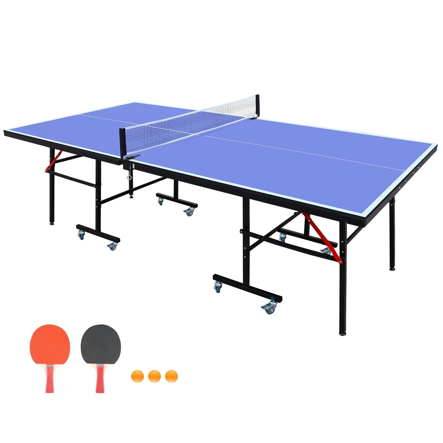 Ping Pong Table Foldable Indoor 8FT Single Player Playback Mode Game Set with Paddles and Balls (Blue-8x4FT-Wheels)