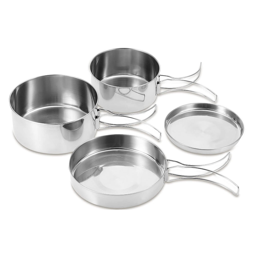 Camping Pots Pans, 4Pcs Portable Foldable Stainless Steel Combination Pot Cookware Set Camping Kitchenware Picnic Outdoor Pan Po