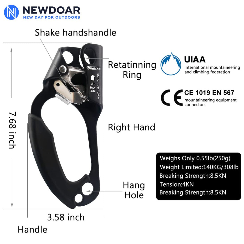 Newdoar Left Hand Ascender Rock Climbing Tree Arborist Rappelling Gear Equipment Ce Certified Rope Clamp For 8~13Mm Rope(Left Ha
