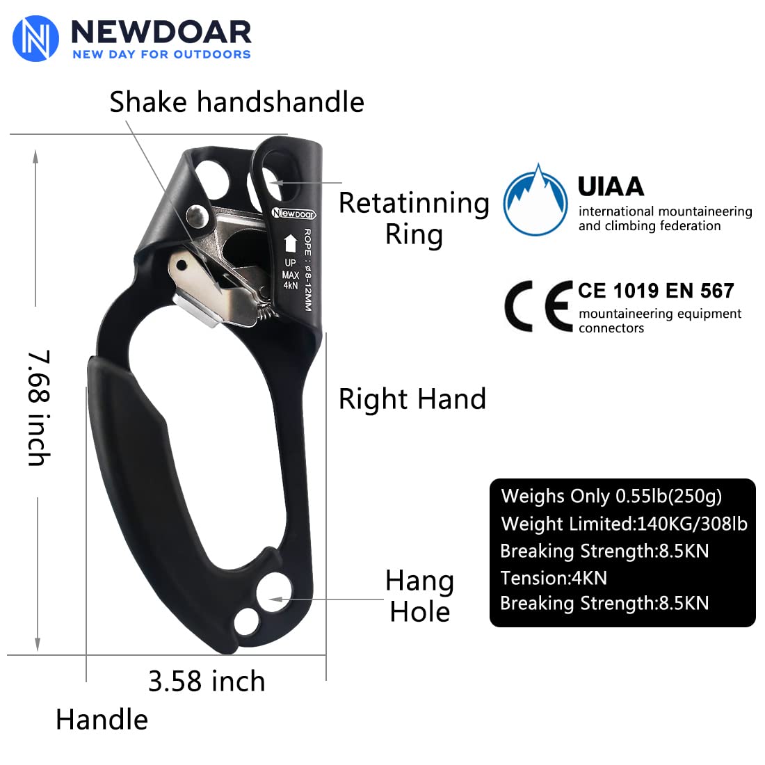 Newdoar Left Hand Ascender Rock Climbing Tree Arborist Rappelling Gear Equipment Ce Certified Rope Clamp For 8~13Mm Rope(Left Ha