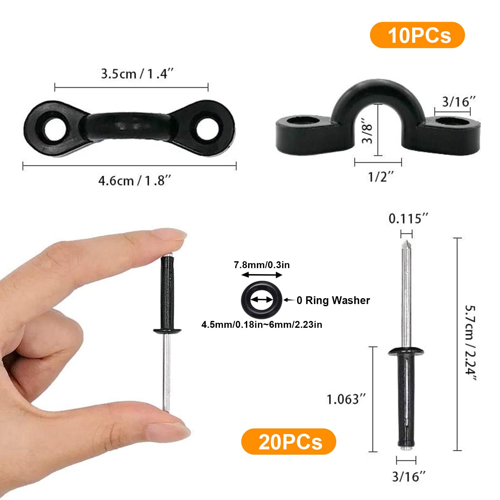 Clio 10 Pcs Kayak Pad Eyes Kit With 20 Tri-Grip Rivet Kit For Kayaks