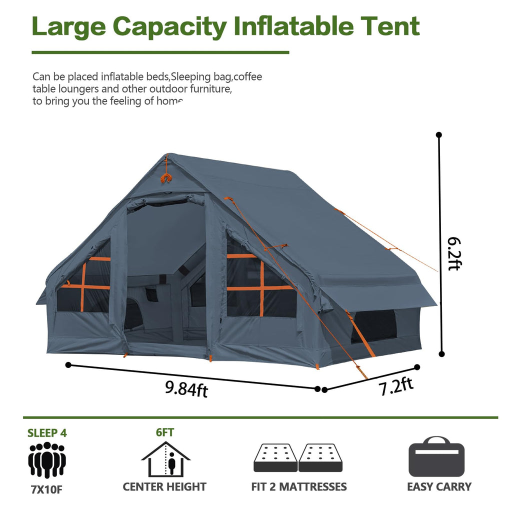 Inflatable Camping Tent With Pump, 4 Person Glamping Tents Sun Shelter, Easy Setup Waterproof Outdoor Oxford Tents, Self-Support
