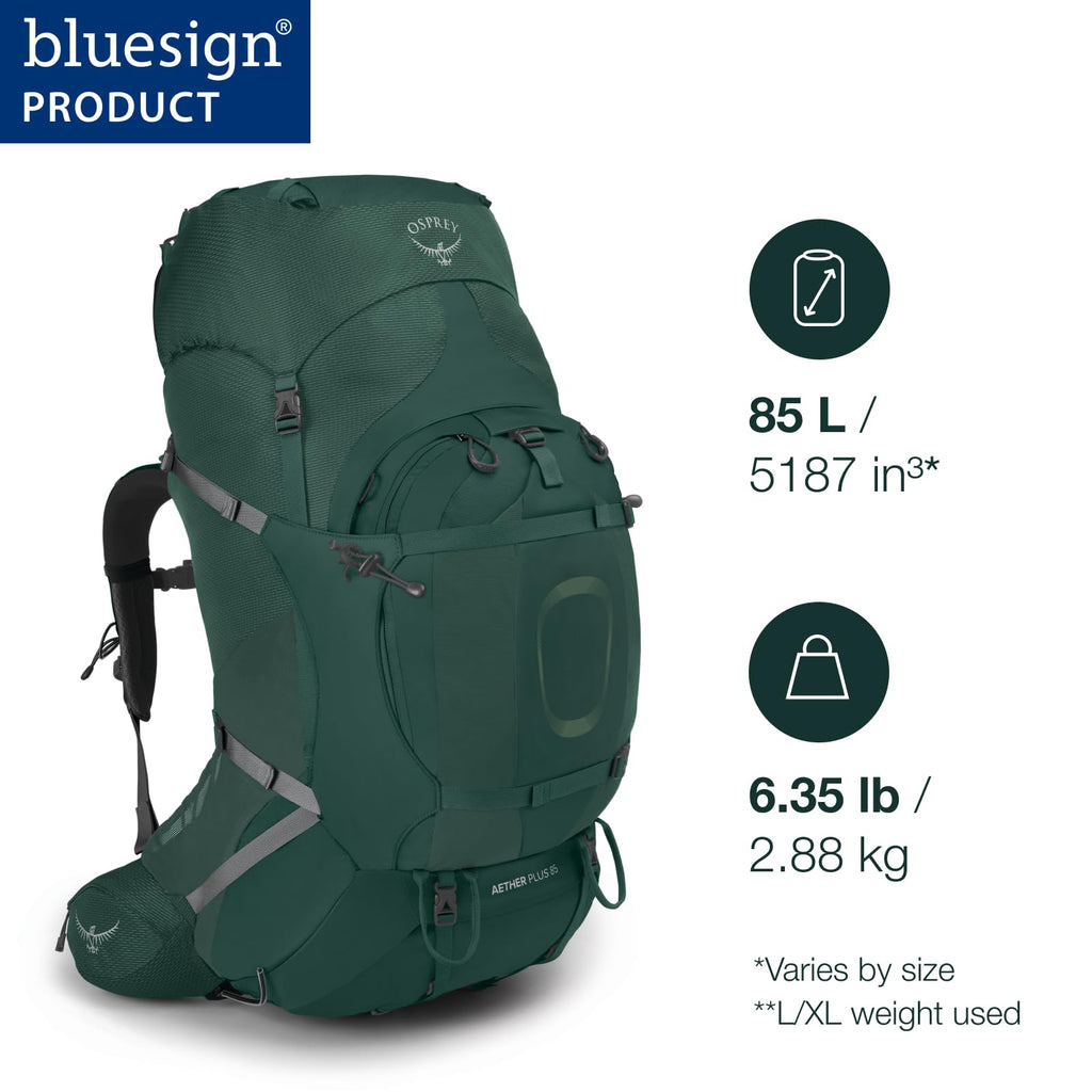 Osprey Aether Plus 85L Mens Backpacking Backpack, Axo Green, L/XL