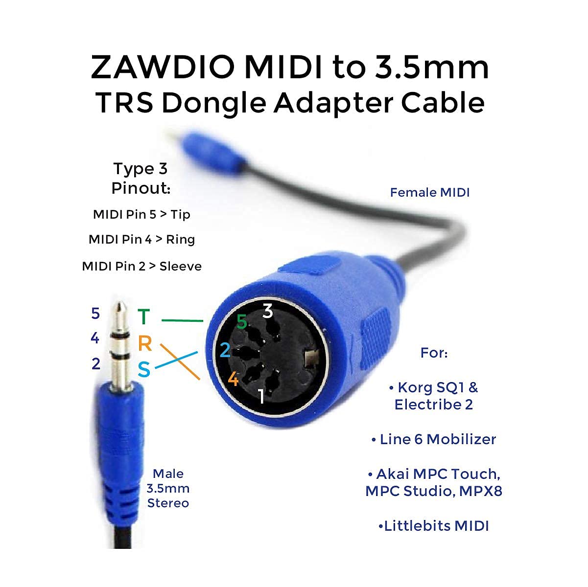 Zawdio - Midi To 35Mm Breakout Cable For - Akai, Korg, Line6, Littlebits - Midi Female To Trs 35Mm Male - Mpc Studio,Touch, Mpx8