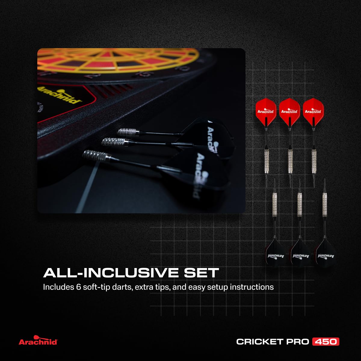 Arachnid CricketPro 450 Electronic Dartboard - 15.5    Regulation Size - 31 Games & 178 Variations - Multi-Color LED Display - A