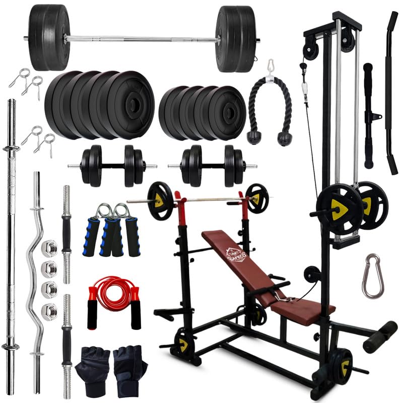 SAFECO FITNESS 70KG PVC Plates Combo with 20in1 Adjustable Bench with UHook, Lat Pulldown, Curl Rod, Straight Bar, Dumbbells,