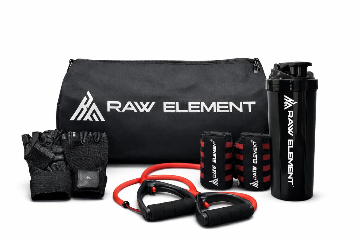 Raw Element Home Gym Fitness Kit With Carry Bag | Resistance Tube Push Handles | Wrist Wraps Gloves | Protein Shaker Bottle | Wo