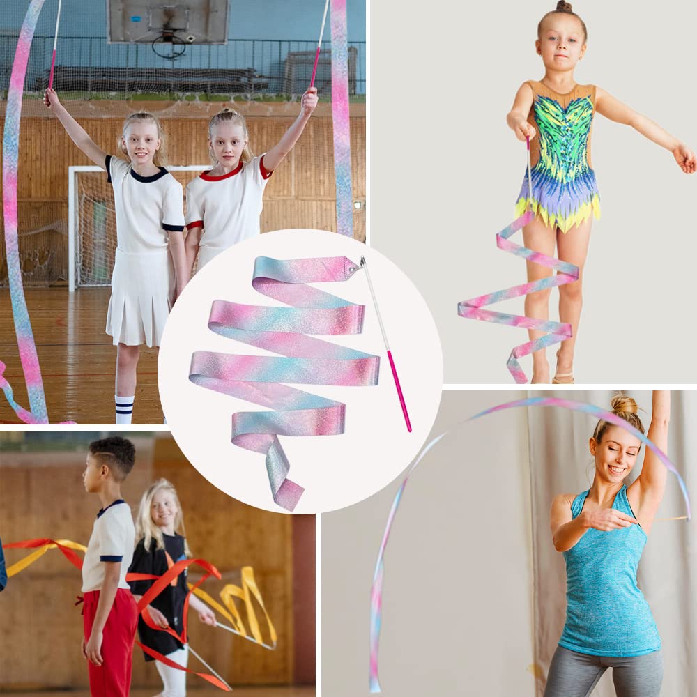 Hzmm 2 Pcs Dance Ribbons, 78.7 Inch Sparkling Dance Ribbon Streamer, Rhythmic Gymnastics Ribbon With Wand, Twirling Dancing Ribb