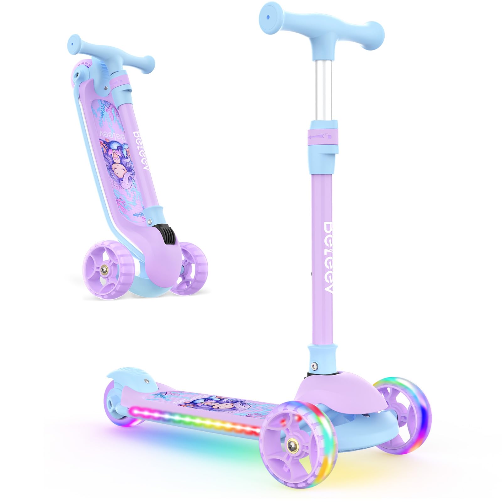 BELEEV Kids Scooter with LED Light-Up Wheels & Deck, 3 Wheel Folding Scooter for Toddlers Girls Boys Age 3-12, Adjustable Handle