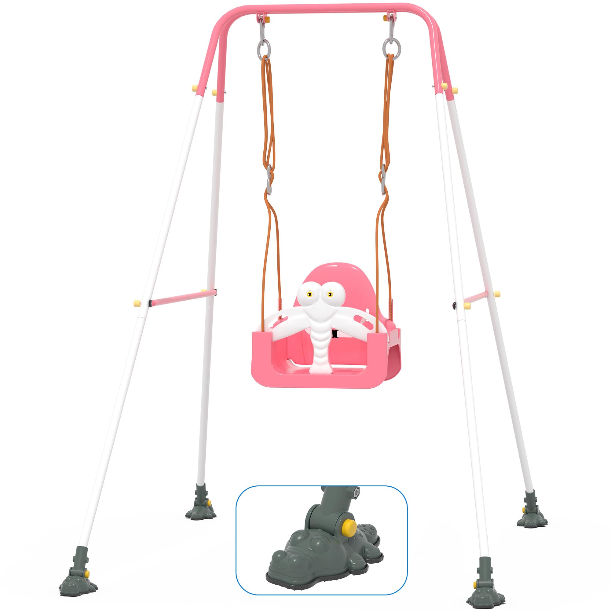 HAPPYMATY Toddler Swing Set with Metal Stand, 3-in-1 Baby & Kids Swing Seat for Indoor Outdoor Play, Safety Harness, Freestandin