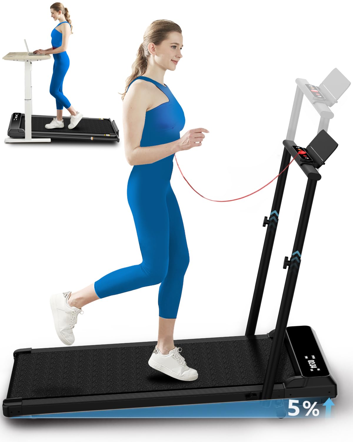 Ueadcm Walking Pad with Adjustable Handle Bar, Walking Pad Under Desk Treadmill with Remote Control and LED Display, 3 in 1 Fold