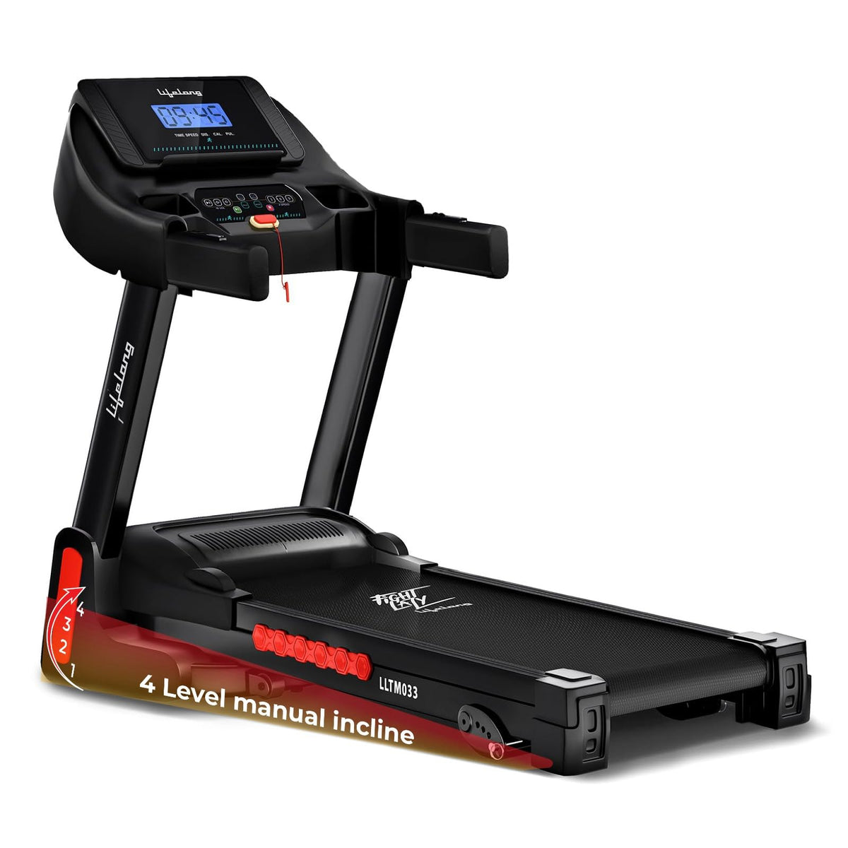 Lifelong Fitpro Motorized Treadmill For Home (4Hp Peak) | 3Level Manual Incline | Rubberies Shock Absorption | Foldable Hydraul